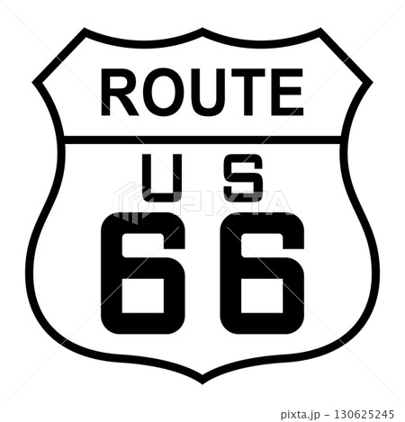 Route 66, route shield. Classic representation of the Route 66 highway sign. U.S. Route 66, the Mother Road, a historic 2,400-mile highway that ran from Chicago, Illinois to Santa Monica, California. 130625245