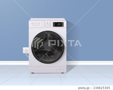 Realistic vector illustration of a washing machine on tiles near baseboard with shadows. Clean blue background and modern household composition. Realistic vector illustration of a washing machine on tiles near baseboard with shadows. Clean blue background and modern household composition. 130625305