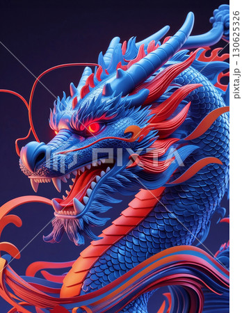 A powerful and stylized 3D illustration with intricate scales and a modern red and blue color scheme. 130625326