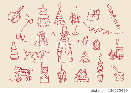 Christmas toys and decorations.Outline doodles burgundy color on beige background 130625459