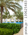 Scenic blue fountain with palm trees, lush plants, beach and clear ocean view, great for travel concept, summer holiday background, tropical resort design and exotic relaxation theme 130625483