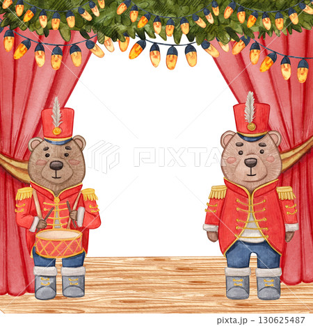 Frame with red curtains, wooden floor, garland with lights and two bears in red uniforms. Watercolor illustration xmas animal bear. Suitable for postcards, posters, invitations and festive design. 130625487