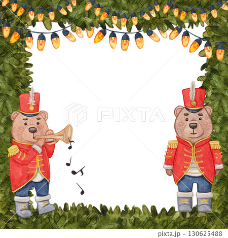 Frame with green fir branches and orange lights, decorated with two bears in red uniforms, one playing trumpet. Watercolor illustration xmas animal. Suitable for postcards, posters, invitations. 130625488