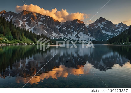 crystal-clear alpine lake nestled among rugged, snow-capped mountains with shimmering waters reflecting the towering peaks, a gentle mist hugging the shoreline, and the vibrant hues of wildflowers 130625887