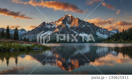 crystal-clear alpine lake nestled among rugged, snow-capped mountains with shimmering waters reflecting the towering peaks, a gentle mist hugging the shoreline, and the vibrant hues of wildflowers 130625911