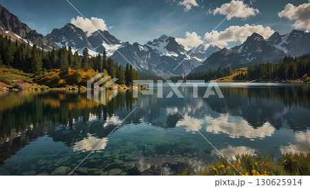 crystal-clear alpine lake nestled among rugged, snow-capped mountains with shimmering waters reflecting the towering peaks, a gentle mist hugging the shoreline, and the vibrant hues of wildflowers crystal-clear alpine lake nestled among rugged, snow-capped mountains with shimmering waters reflecting the towering peaks, a gentle mist hugging the shoreline, and the vibrant hues of wildflowers 130625914