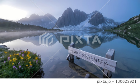 crystal-clear alpine lake nestled among rugged, snow-capped mountains with shimmering waters reflecting the towering peaks, a gentle mist hugging the shoreline, and the vibrant hues of wildflowers 130625921