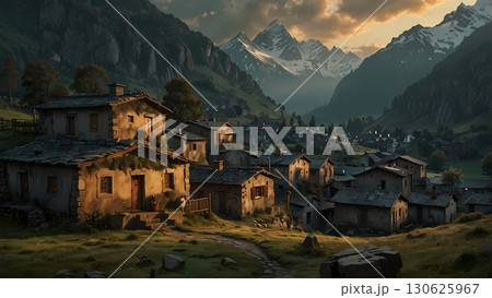 Nestled in the cradle of towering peaks, the mountain hamlet exudes an aura of ancient mystique. 130625967