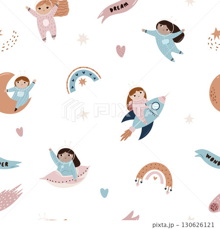 Seamless Cosmic Pattern with Cute Astronaut Girls, Rockets Planets Stars and Space Elements 130626121