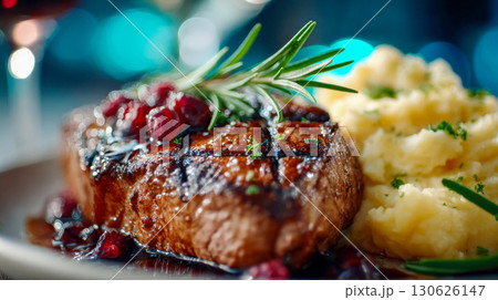Juicy grilled steak with cranberry sauce, rosemary garnish, and creamy mashed potatoes served on a dinner plate 130626147