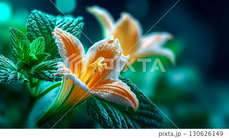 Close-up of fresh zucchini flower with dew drops among lush green leaves Close-up of fresh zucchini flower with dew drops among lush green leaves 130626149