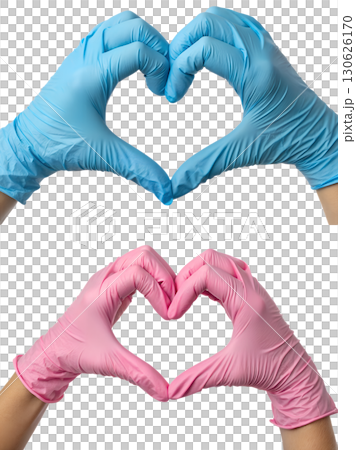 Two hands in blue and pink medical gloves forming a heart shape, healthcare solidarity and thank you concept 130626170
