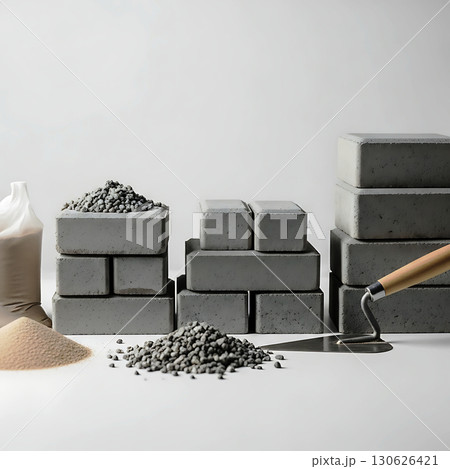 Concrete blocks and tools are arranged alongside piles of sand and gravel. A trowel with a wooden handle rests on the surface, showing a construction and building materials theme 130626421