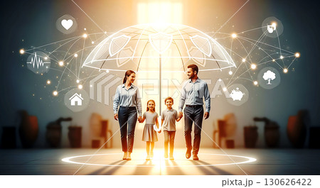 Family of four holding hands stands under a glowing digital umbrella with various icons including heart, home, and tree, symbolizing protection and connectivity in a modern setting 130626422