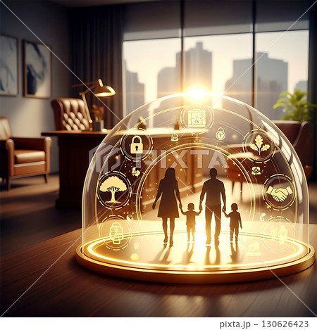 Silhouettes of a family in a futuristic office, encased in a glowing dome with digital icons representing security, nature, teamwork, and eco-friendliness, against a cityscape backdrop 130626423