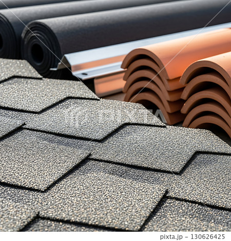 Various roofing materials stacked, including asphalt shingles with a textured surface, rolled roofing in dark color, and stack of curved terracotta tiles in neat rows 130626425
