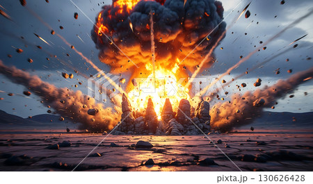Explosion erupts with bright fireball and thick smoke, scattering debris across a rocky landscape. Dramatic impact with glowing intensity and dynamic motion captured vividly 130626428