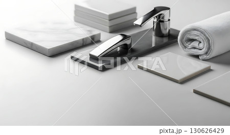 Sleek chrome faucets on a dark rectangular base, surrounded by white patterned tiles and a neatly rolled white towel. Modern minimalist design with an elegant and clean aesthetic 130626429