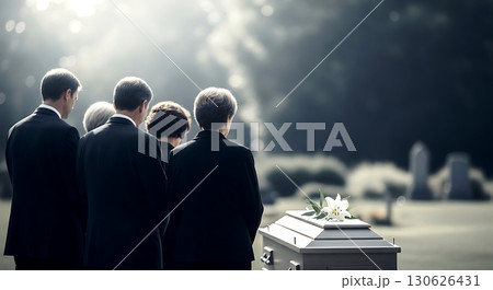 Five people in dark attire stand solemnly near a white casket with a single flower on top. Sunlight filters through trees in a tranquil cemetery setting, creating a peaceful atmosphere 130626431