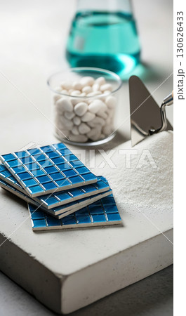 Blue tiles stacked neatly beside a pile of white powder on a block, with glass pebbles in a container. In the background, a beaker of blue liquid and a trowel are visible 130626433