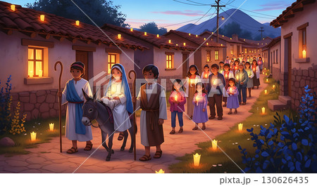 Mary and Joseph lead a procession through a village holding candles with children, surrounded by houses with glowing windows at dusk, creating a warm and festive atmosphere 130626435