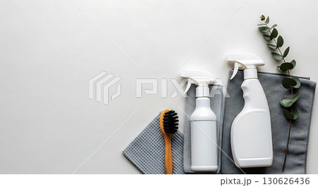 Two white spray bottles, a wooden brush, gray towels, and a small eucalyptus branch arranged neatly. Neutral, minimalist composition emphasizing simple home cleaning supplies 130626436