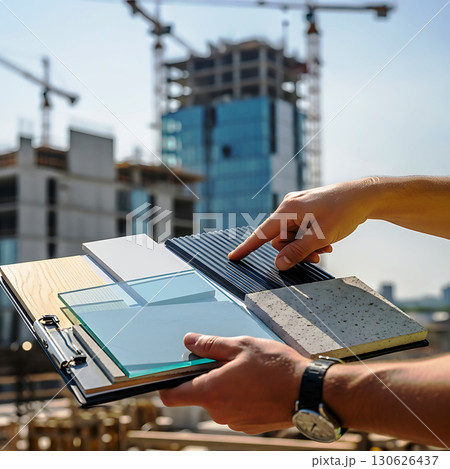Hands holding a material sample board with various textures and colors, including wood, glass, and fabric. Skyscrapers under construction with cranes in the background 130626437