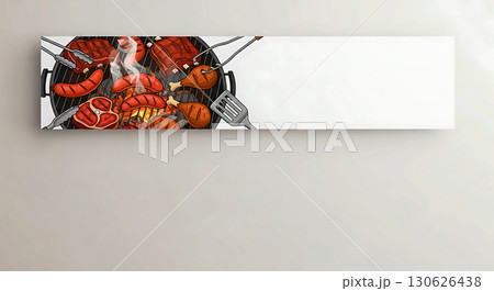 Grill filled with various meats including sausages, steak, and drumsticks, surrounded by tongs and spatula, emitting smoky aroma. Blank space on the right for text or additional graphics 130626438