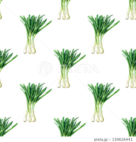 Watercolor repeating pattern of green onion bunches with delicate roots and vibrant greens. Versatile design for farm product labels and conten 130626441