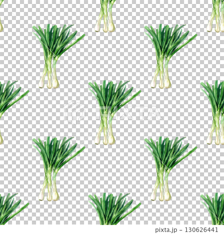 Watercolor repeating pattern of green onion bunches with delicate roots and vibrant greens. Versatile design for farm product labels and conten 130626441