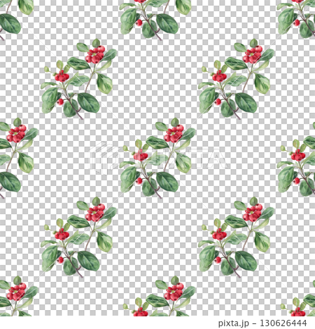 Watercolor repeating pattern of lingonberry sprigs with vibrant red berries and delicate leaves. Versatile design for organic product labels Watercolor repeating pattern of lingonberry sprigs with vibrant red berries and delicate leaves. Versatile design for organic product labels 130626444