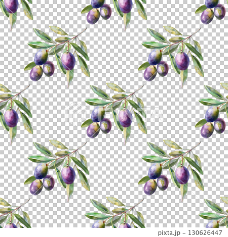 Seamless pattern with watercolor olive branches and botanical elements on clean white background. Ideal for eco-friendly branding and packaging 130626447