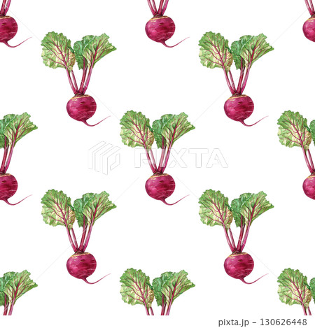 Watercolor repeating pattern of beetroots with textured skin and leafy tops. Versatile design for healthy food labels and culinary content 130626448