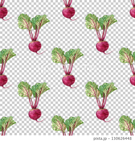 Watercolor repeating pattern of beetroots with textured skin and leafy tops. Versatile design for healthy food labels and culinary content 130626448
