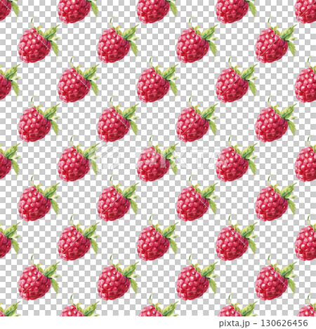 Raspberry seamless watercolor pattern with juicy berries and delicate leaves. White background design for summer branding and packaging projects 130626456