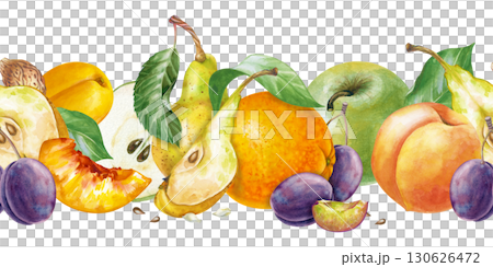 The multifruit seamless border is hand-drawn. Watercolor illustration with seasonal fruits on a white background. Apples, pears, oranges, plums, peaches and apricots. A template for menus, proper The multifruit seamless border is hand-drawn. Watercolor illustration with seasonal fruits on a white background. Apples, pears, oranges, plums, peaches and apricots. A template for menus, proper 130626472
