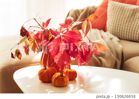 Cozy Autumn Living Room Scene with Mug, Notebook and Seasonal Decor under Sun Light 130626658