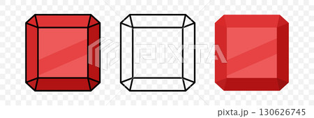 Shiny Red Gemstone Diamond Flat Icon Set with Faceted Gemstone Outline and Glossy Gemstone Crystal, Vector Illustration. Jewelry, Luxury Design, Logo, Decoration, Fashion Accessories, Precious Stones 130626745