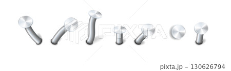 Nails hammered into wall steel straight and bent metal hardware spikes. Hobnails with grey caps top view isolated on transparent background. Vector 130626794