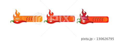 Chili spicy meter Paprika hot meter sign for label of product. Spicy food mild and extra hot sauce chili pepper red icons. 130626795