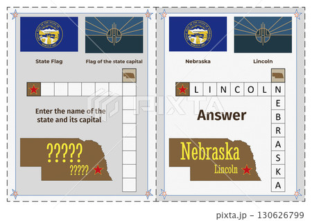 Geography of the USA for children. Question and answer. Flags, names, outline of the state and capital of Nebraska. Crossword illustration. 130626799