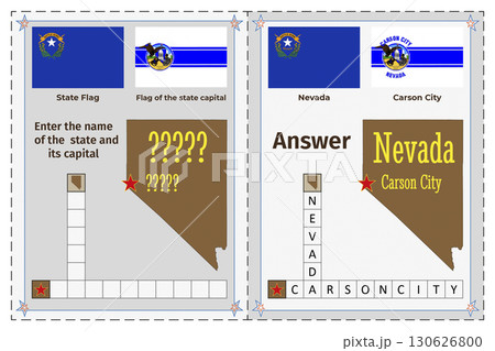 Geography of the USA for children. Question and answer. Flags, names, outline of the state and capital of Nevada. Crossword illustration. 130626800
