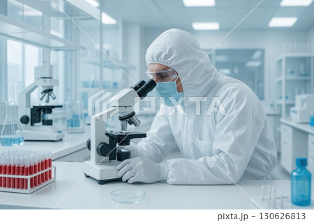 Scientist conducts research in a laboratory setting, using a microscope to analyze samples while wearing protective gear 130626813
