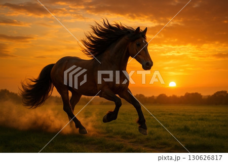 Majestic horse running through a field at sunset, capturing the beauty of nature and freedom during golden hour 130626817
