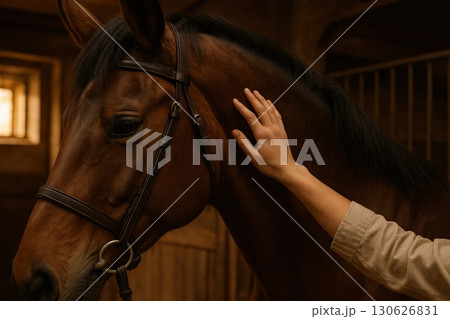 Close interaction between a person and a horse in a stable during the late afternoon 130626831