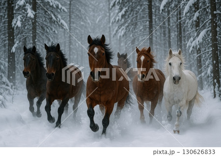 Horses running through deep snow in a serene forest surrounded by tall trees during a winter day Horses running through deep snow in a serene forest surrounded by tall trees during a winter day 130626833