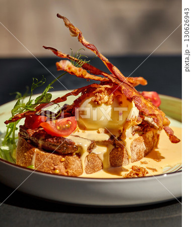 Delicious toast with poached egg, crispy bacon, and cheese sauce for gourmet breakfast or brunch Delicious toast with poached egg, crispy bacon, and cheese sauce for gourmet breakfast or brunch 130626943