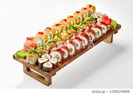 Sushi set displayed on wooden serving board with garnishes Sushi set displayed on wooden serving board with garnishes 130626966