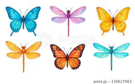 Watercolor butterflies and dragonflies set, colorful insect clipart collection, traced vector 130627063