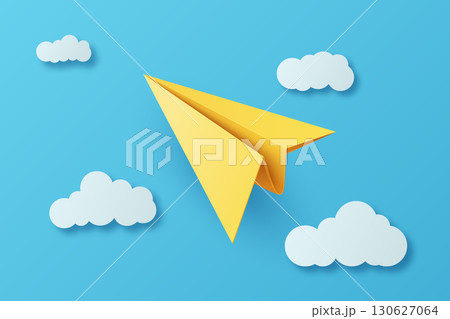 Realistic Yellow Paper Airplane Flying in Blue Sky Background. Conceptual Flight Illustration. Vector Artwork. Creative Aviation Design. Sky Scene with Paper Plane. Vector Illustration 130627064